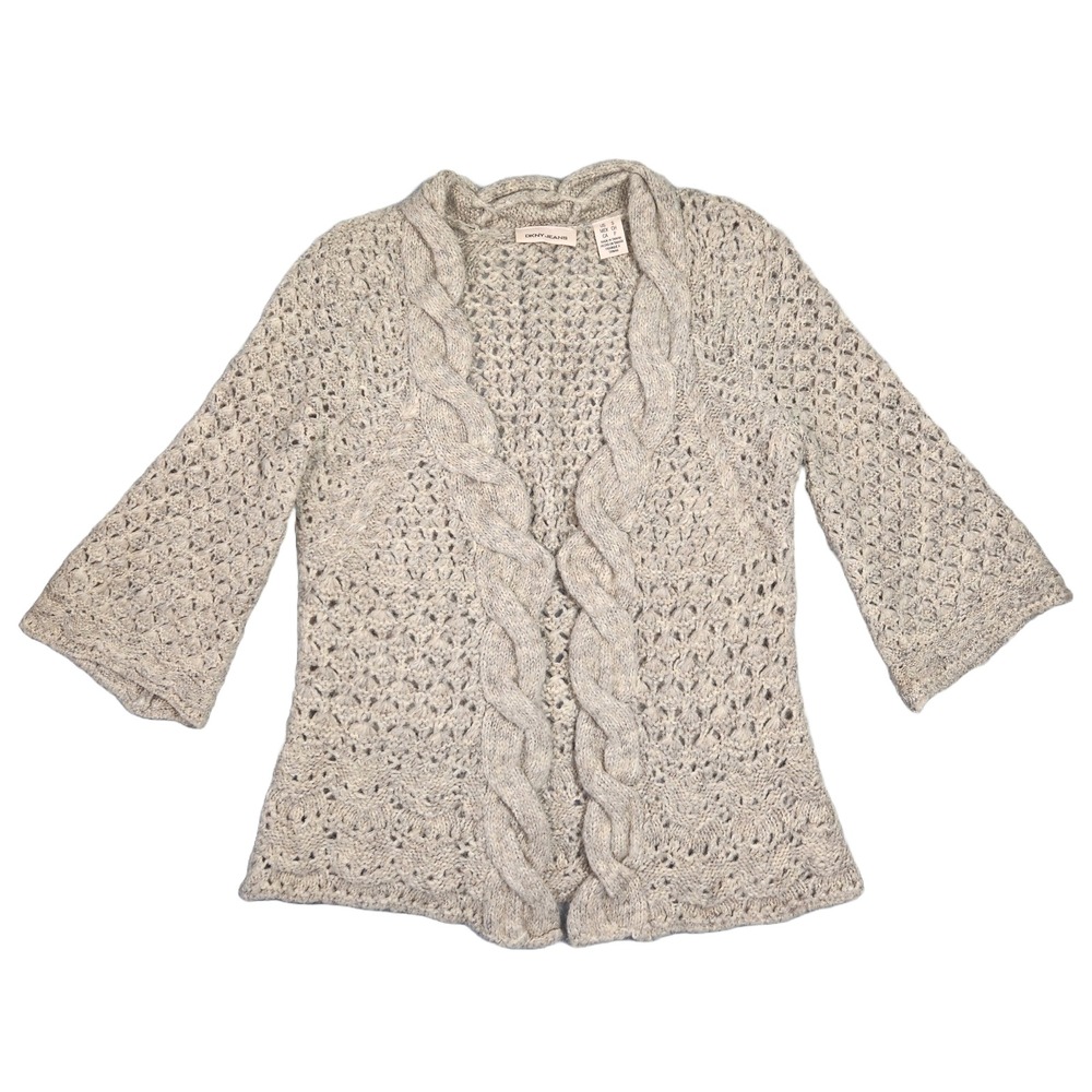 Y2k DKNY Cable Knit Cardigan Sweater S Alpaca Wool Blend Knit Bratz Flare Sleeve